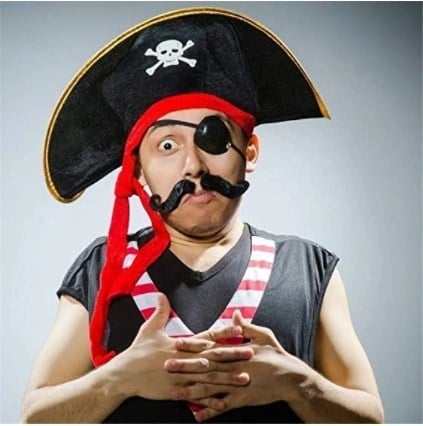 Mey İthalat® Yetişkin Boy Kadife Kaptan Jack Sparrow Korsan Şapkası ve Plastik Korsan Göz Maskesi