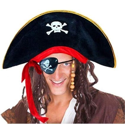Mey İthalat® Yetişkin Boy Kadife Kaptan Jack Sparrow Korsan Şapkası ve Plastik Korsan Göz Maskesi