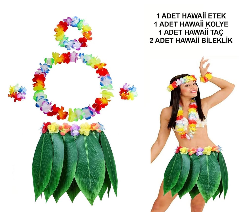 Mey İthalat® Yetişkin Hawaii Kostüm Seti - Yaprak Etek & Hawaii Set - 5 Parça