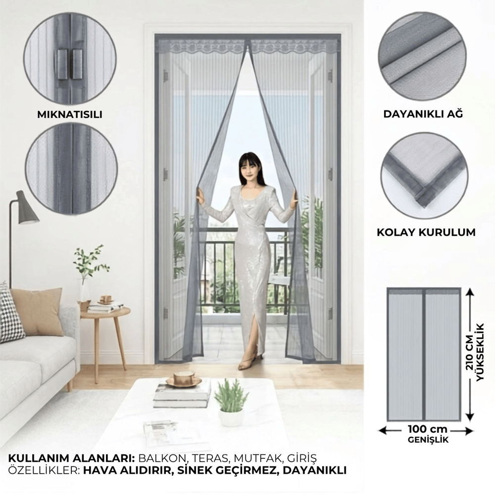 Mıknatıslı Kapı Sinekliği Gri 100x210 Cm Otomatik Kapanan Manyetik Tül Sineklik Bx40