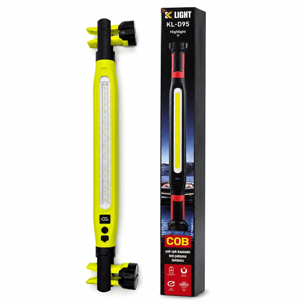 Mıknatıslı Type-c Şarj - Dijital Gösterge 360° Dönebilen Gövde - Askı Kanca - Çift Renk - 52.5cm El Fener - Işıldak Çok Amaçlı Led Çalışma Lambası 4 Fonksiyon Renkli Kl-d95 Bx40