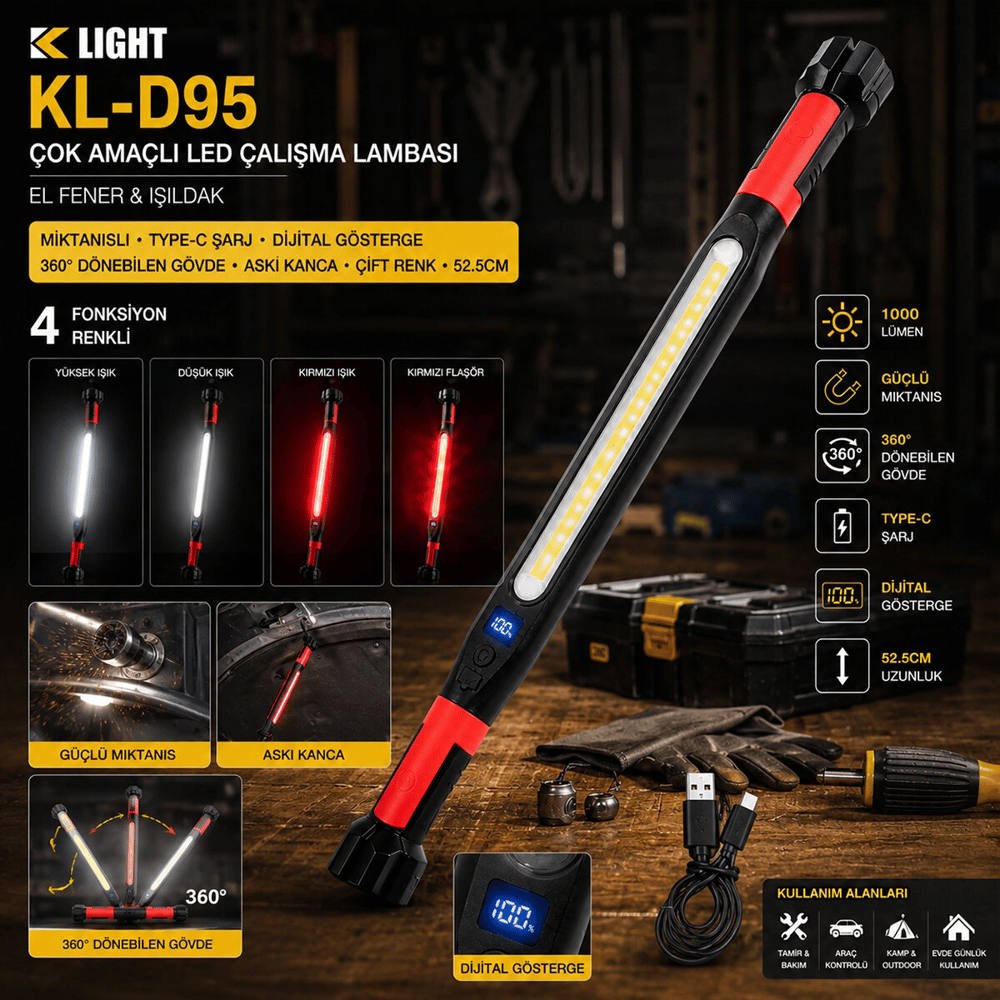 Mıknatıslı Type-c Şarj - Dijital Gösterge 360° Dönebilen Gövde - Askı Kanca - Çift Renk - 52.5cm El Fener - Işıldak Çok Amaçlı Led Çalışma Lambası 4 Fonksiyon Renkli Kl-d95 Bx40