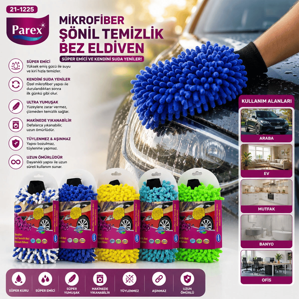 Mikrofiber Şonil Temizlik Bezi - Makarna - Oto Yıkama Eldiveni Bx40