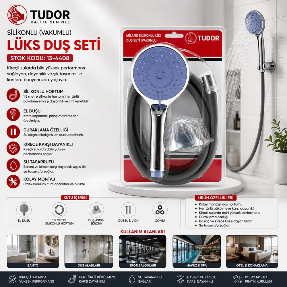 Milano Vakumlu - Silikon Lüks Duş Seti Duş Başlık=mix Silikon Hortum=1.5mt Mafsal=3 Kademe Bx40