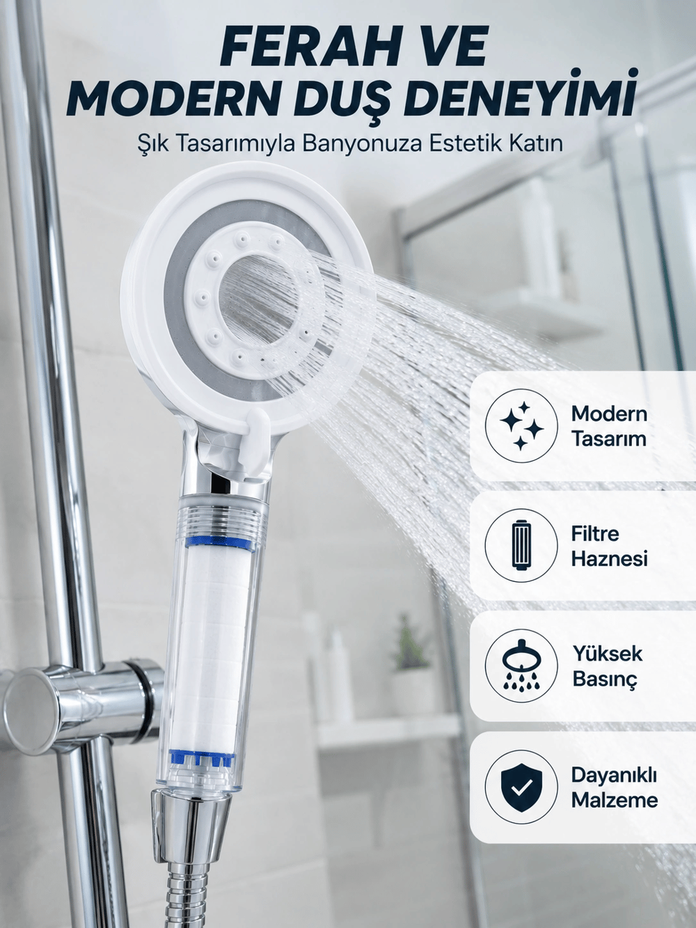 Mineral Taşlı Filtreli Duş Başlığı Güçlü Su Basınçlı Banyo Başlığı