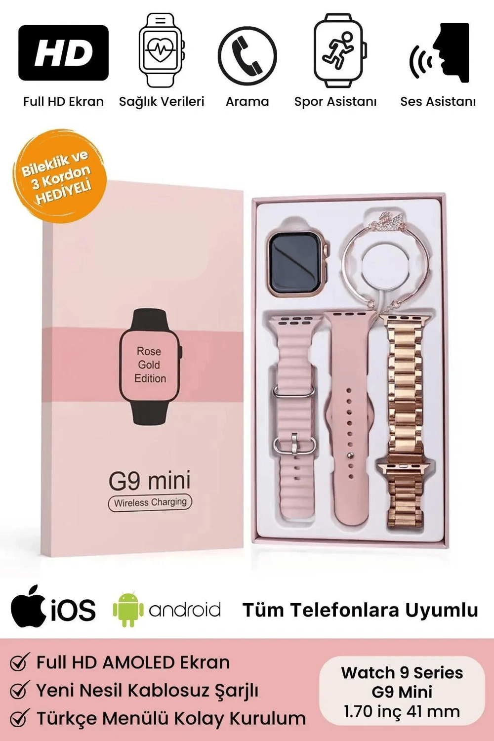 Mini AMOLED Ekranlı Akıllı Bileklik, Nabız ve Uyku Takibi Özellikli, Altın Renk Silikon Kordon