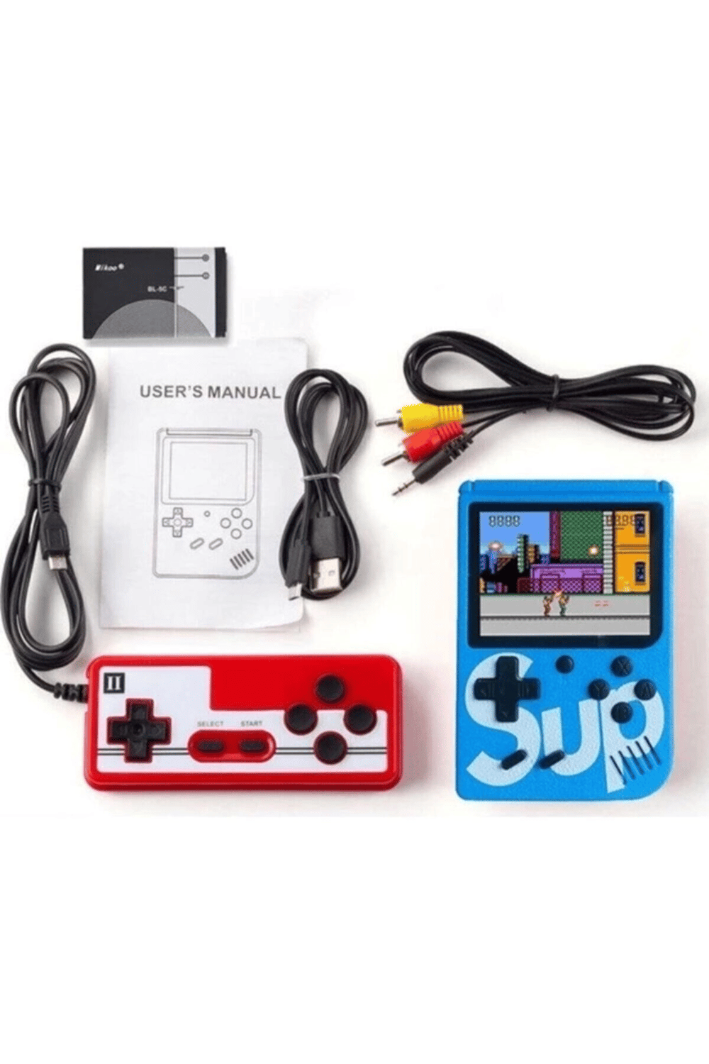 Mini oyun konsolu çift kollu mavi renk nostalji oyunlarıyla Bluetooth desteği olmadan