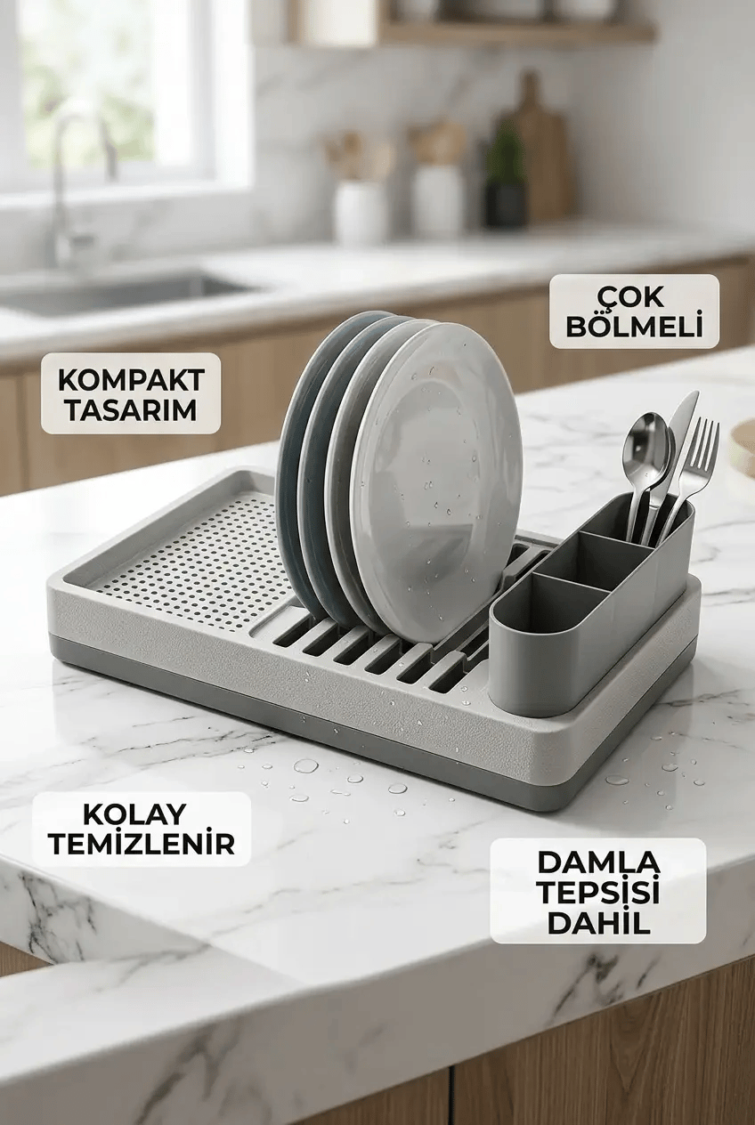 Minimal Gri Tezgah Üstü Bulaşıklık Tabak Bardak Kaşık Kurutmalık Mutfak Rafı
