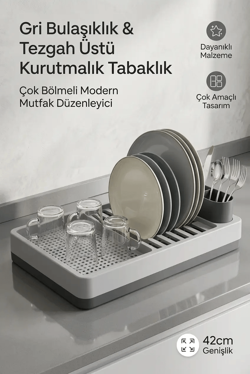 Modern Kurutmalık Tabaklık Gri Tezgah Üstü Bulaşıklık Bardaklık Standı Mutfak