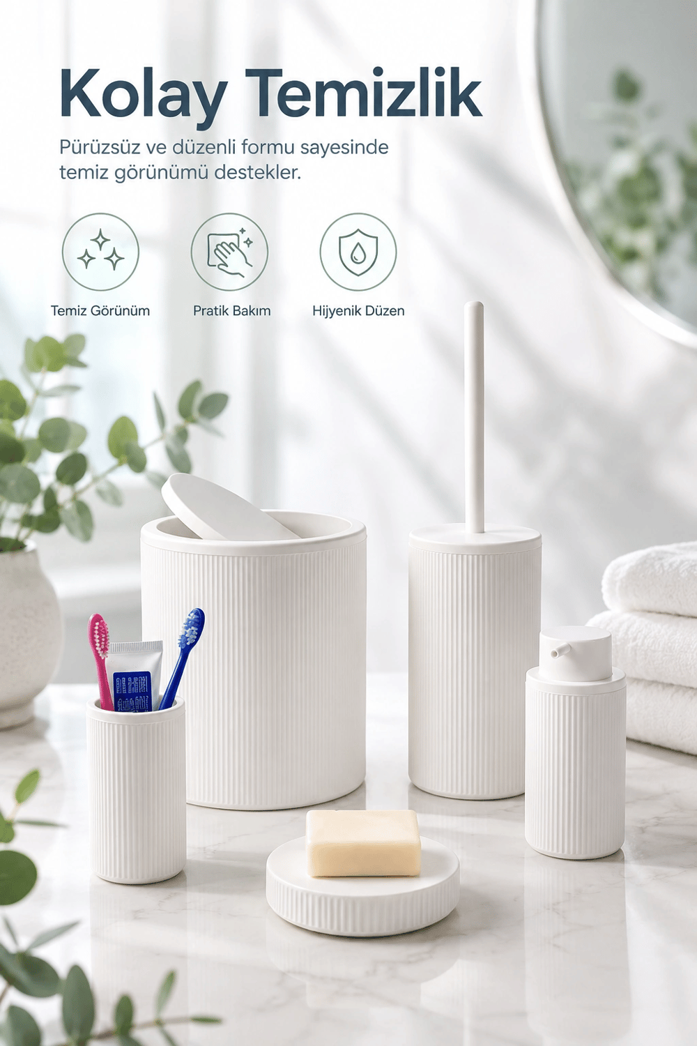 Modern Tasarımlı 5 Parça Banyo Aksesuar Seti Beyaz Renk Sabunluk ve Fırçalık Dahil