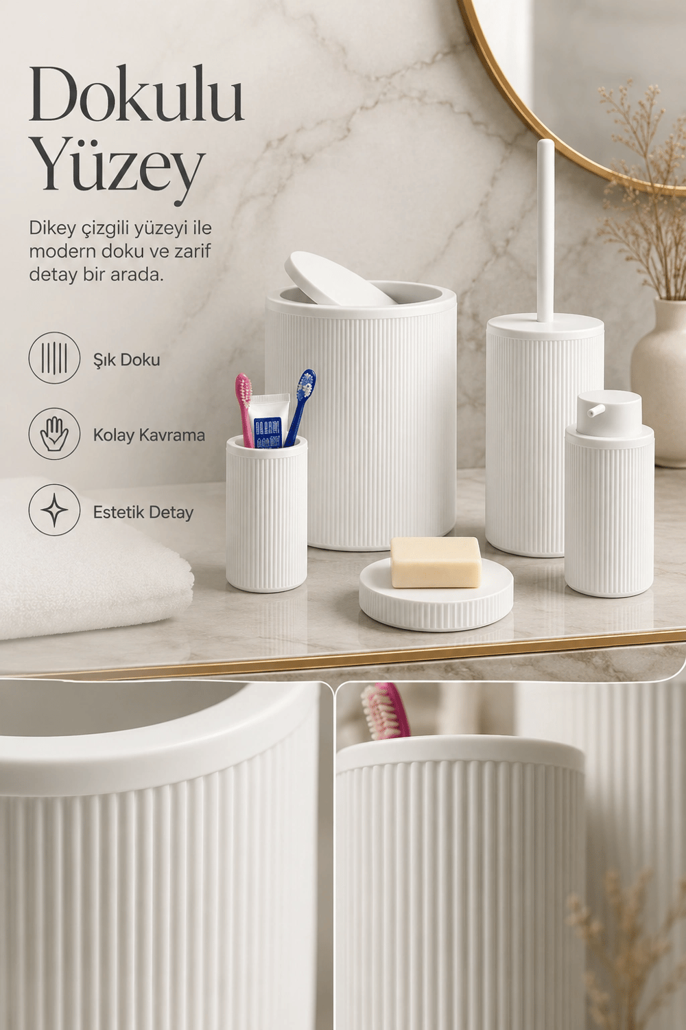 Modern Tasarımlı 5 Parça Banyo Aksesuar Seti Beyaz Renk Sabunluk ve Fırçalık Dahil