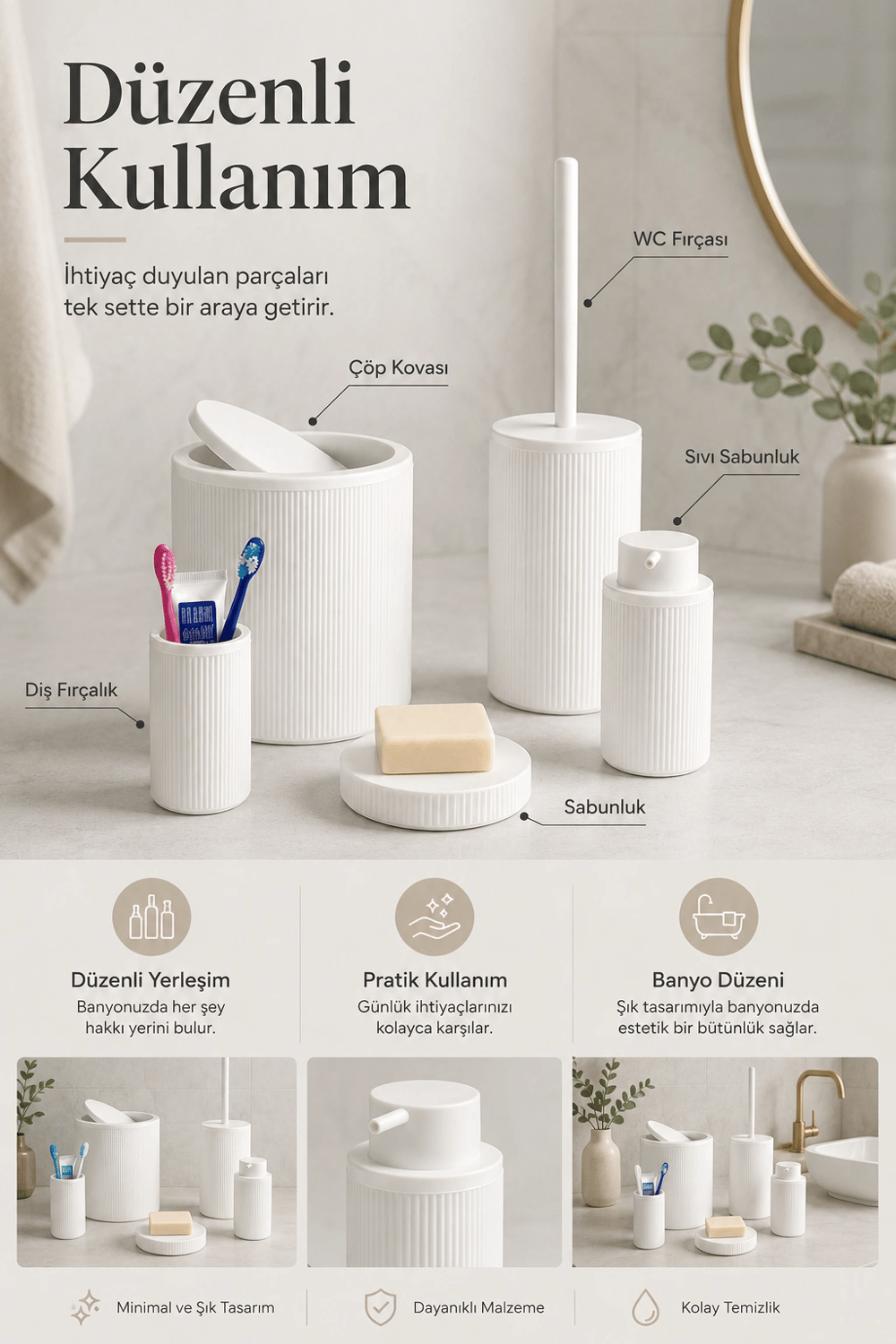 Modern Tasarımlı 5 Parça Banyo Aksesuar Seti Beyaz Renk Sabunluk ve Fırçalık Dahil