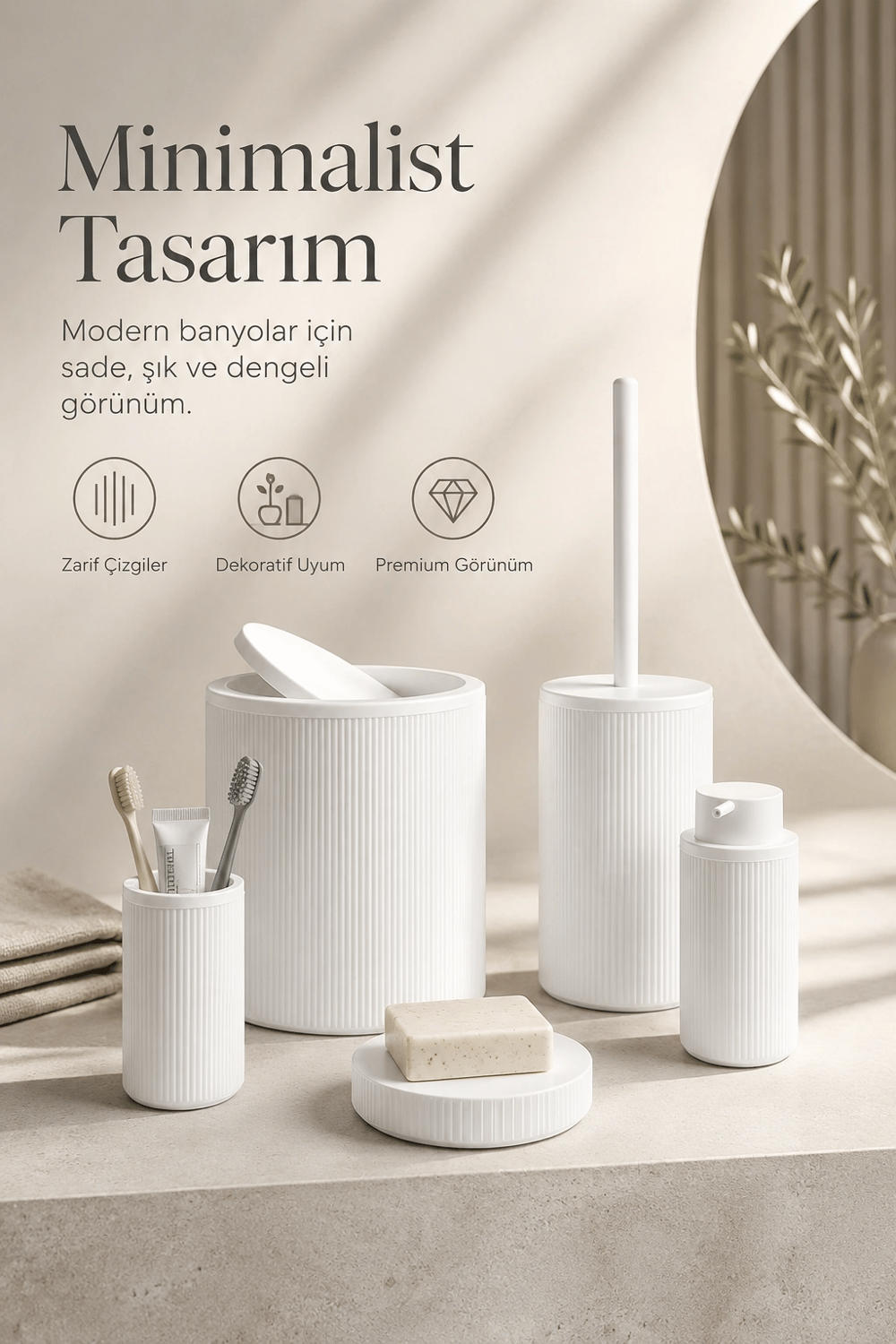 Modern Tasarımlı 5 Parça Banyo Aksesuar Seti Beyaz Renk Sabunluk ve Fırçalık Dahil