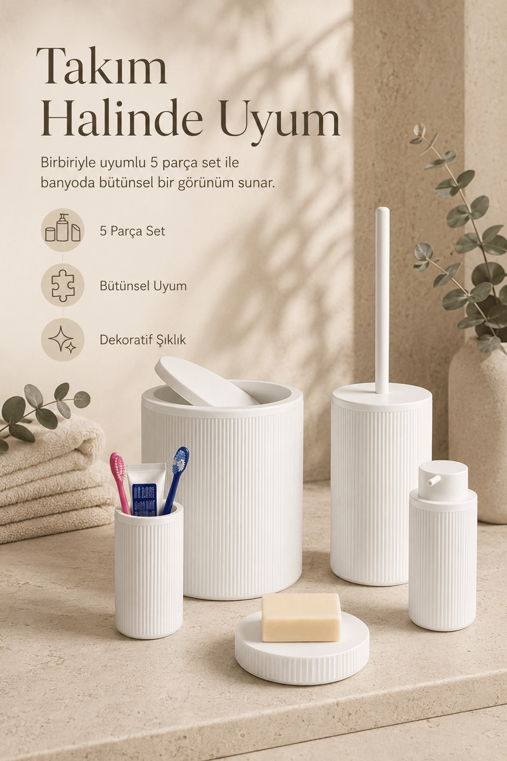 Modern Tasarımlı 5 Parça Banyo Aksesuar Seti Beyaz Renk Sabunluk ve Fırçalık Dahil