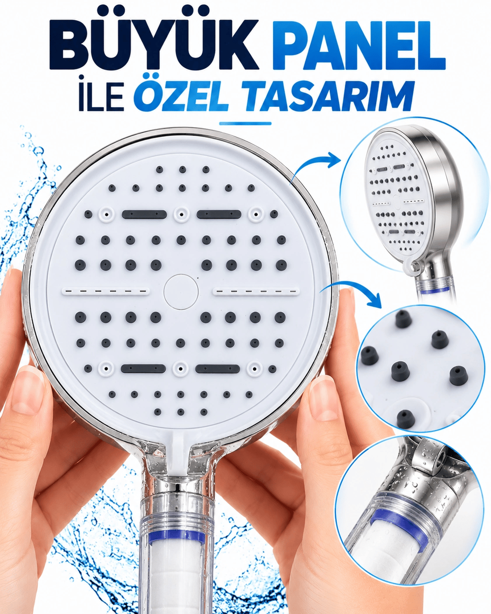 Modern Tasarımlı 6 Modlu Filtreli Duş Başlığı Büyük Panel Metalik Beyaz Duş Aparatı
