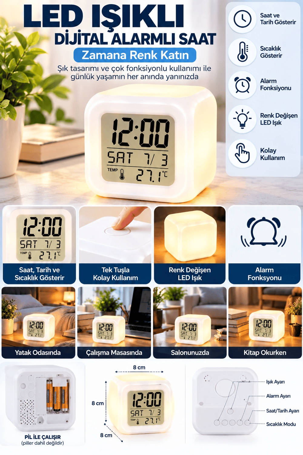 Modern Tasarımlı Küp Saat LED Aydınlatmalı Dijital Alarm Saati