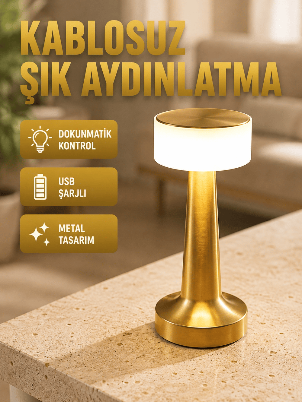 Modern USBli Kablosuz Masa Lambası – Minimalist Tasarım, 3 Farklı Parlaklık Yeni Nesil