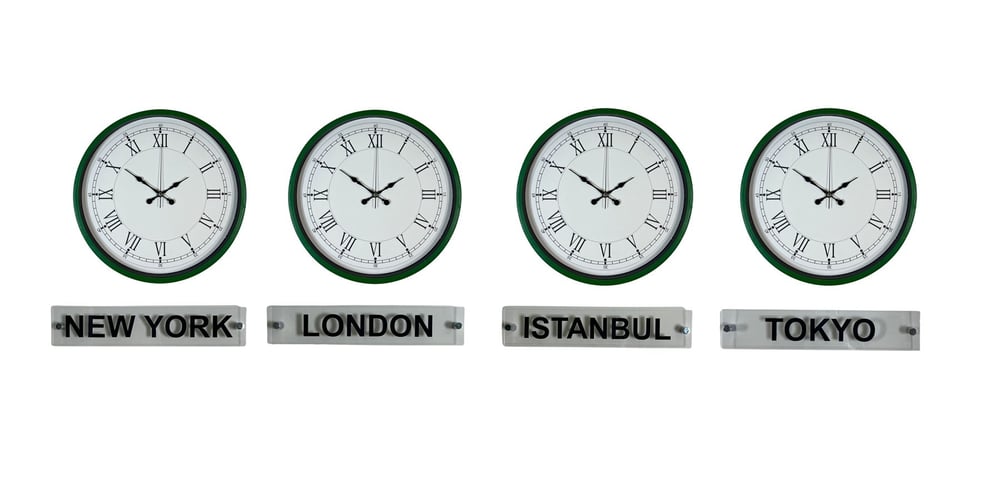Modern Yeşil 36 Cm 4 lü Tabelalı Dünya Saatleri