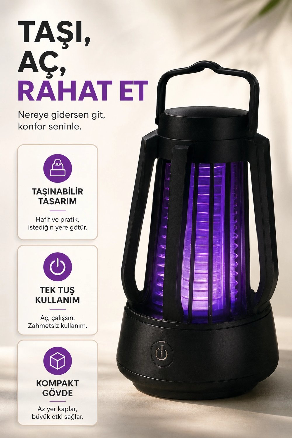 Mor Işıklı Taşınabilir Sineksavar Lamba Tek Tuşlu Koruyucu Gövdeli Kullanışlı Cihaz