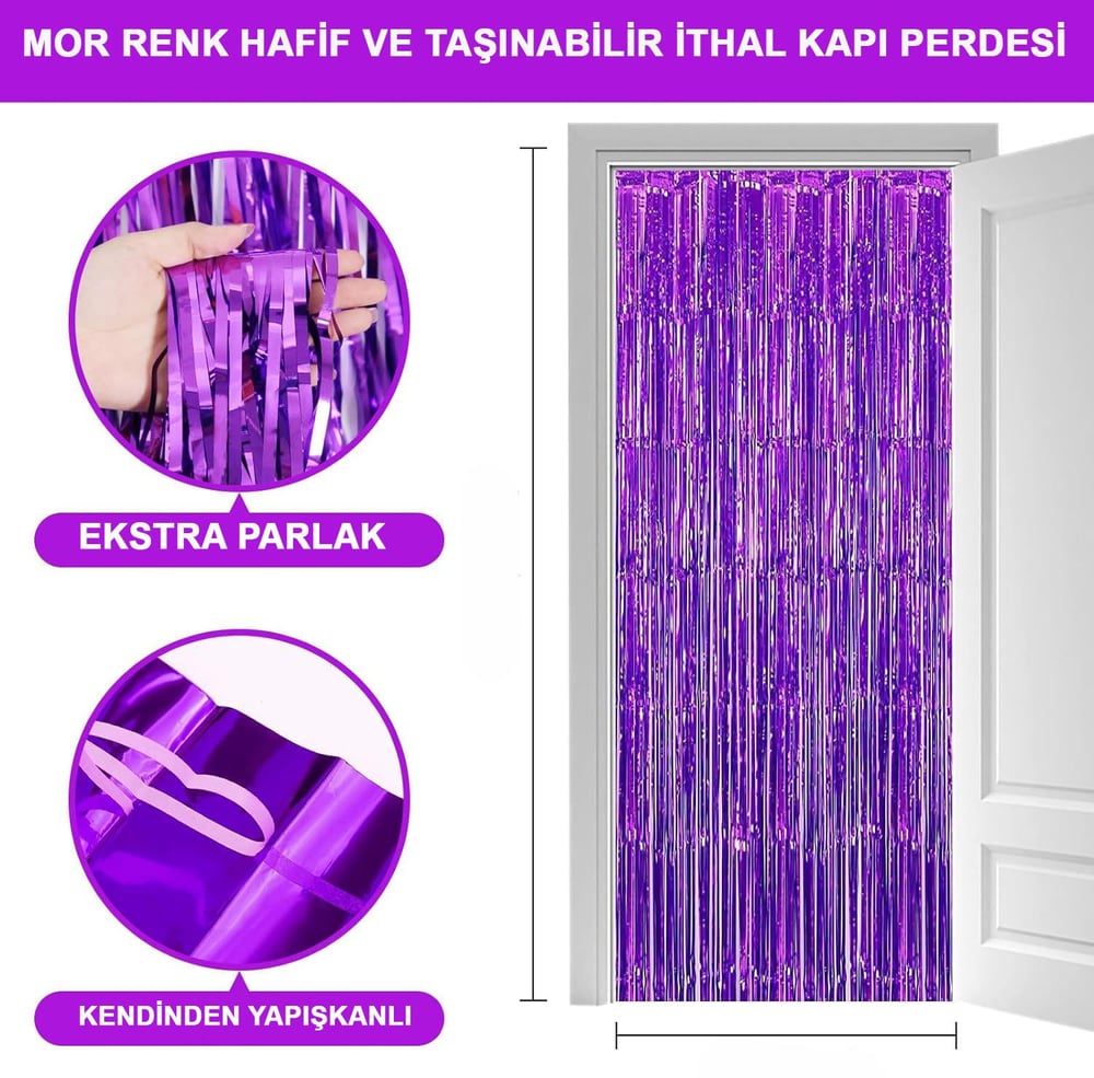 Mor Renk Ekstra Metalize Parlak Saçaklı Arka Fon Perde İthal A Kalite 1x2 Metre (3936)