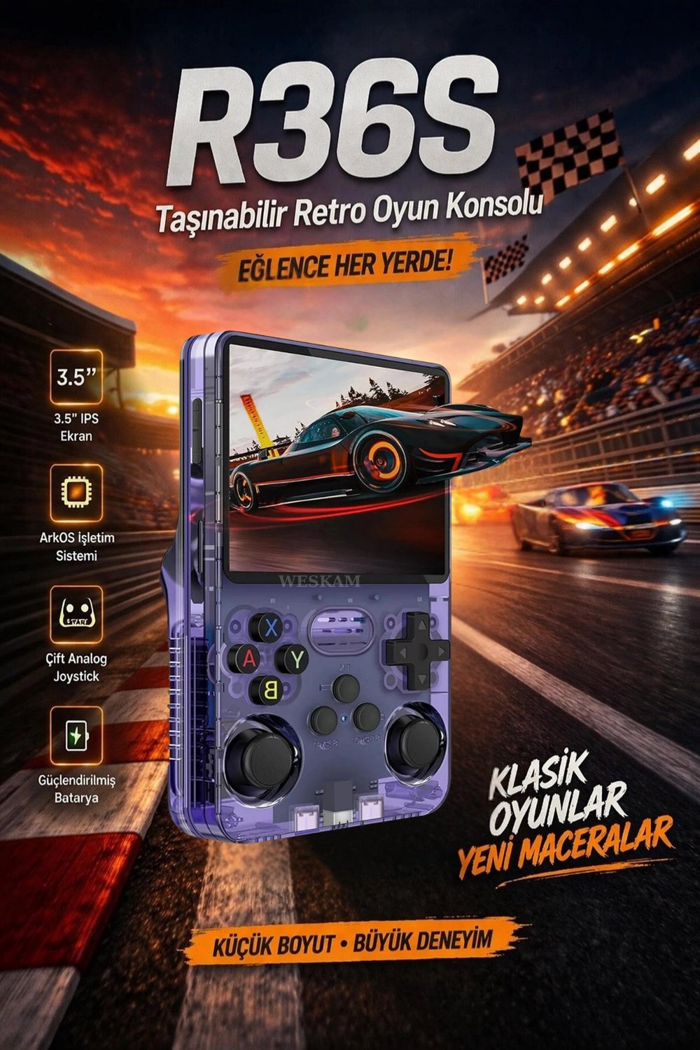Mor taşınabilir retro oyun konsolu 64 GB hafıza 15.000+ yüklü oyun bluetooth yok