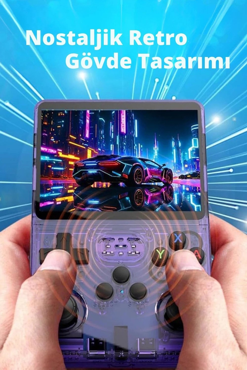 Mor taşınabilir retro oyun konsolu 64 GB hafıza 15.000+ yüklü oyun bluetooth yok