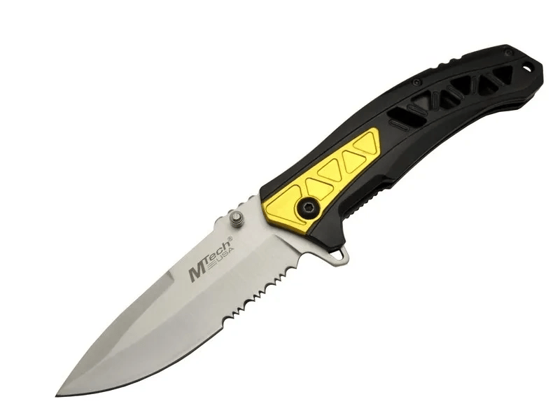Mtech 4191 Sarı Kamp Çakı 21cm - Yarı Otomatik, Kemerlikli, Testere Detaylı, Desenli Sap