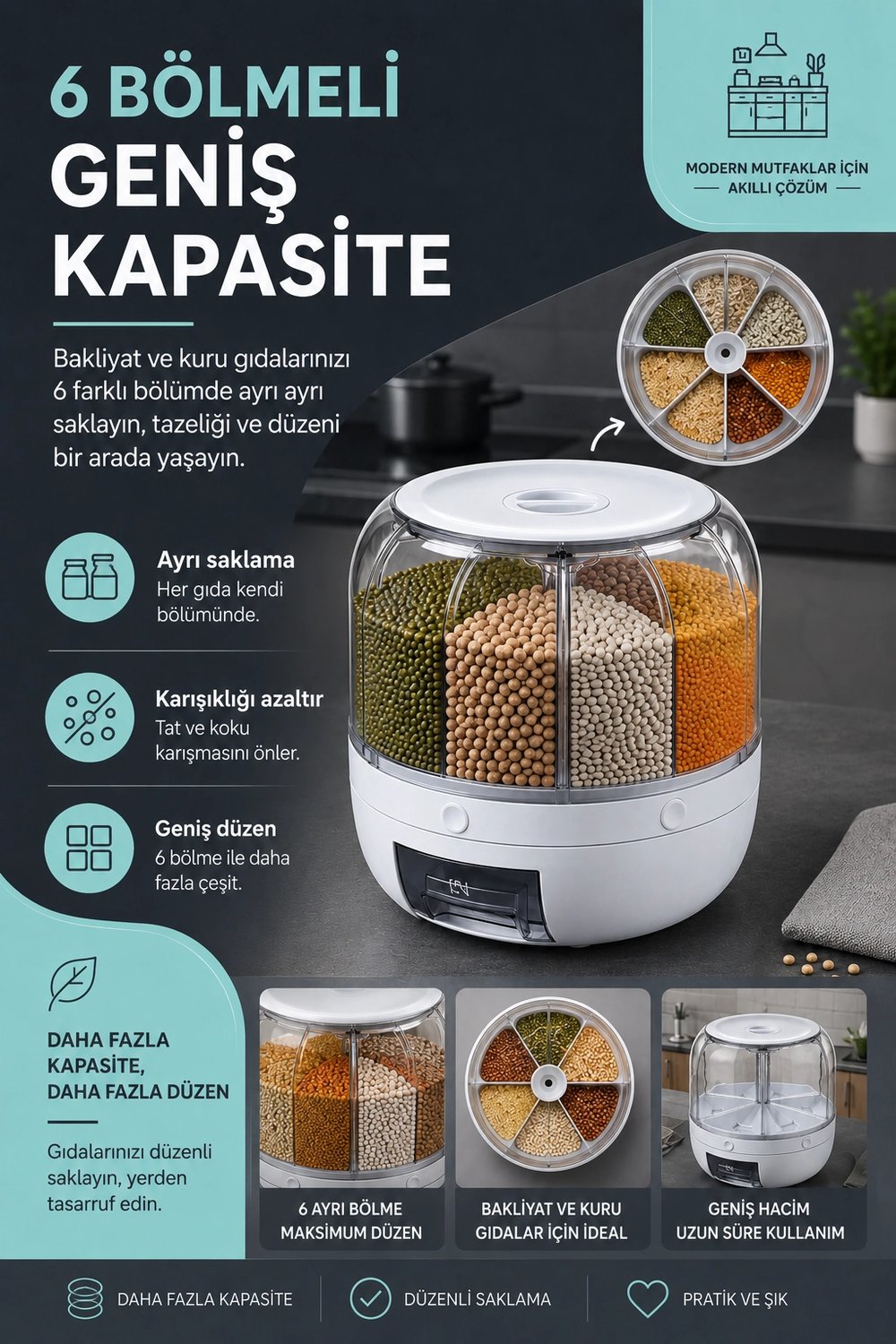 Mutfak Düzenleyici 6 Bölmeli Döner Bakliyat Kutusu Şeffaf Kapaklı Pratik Kullanım