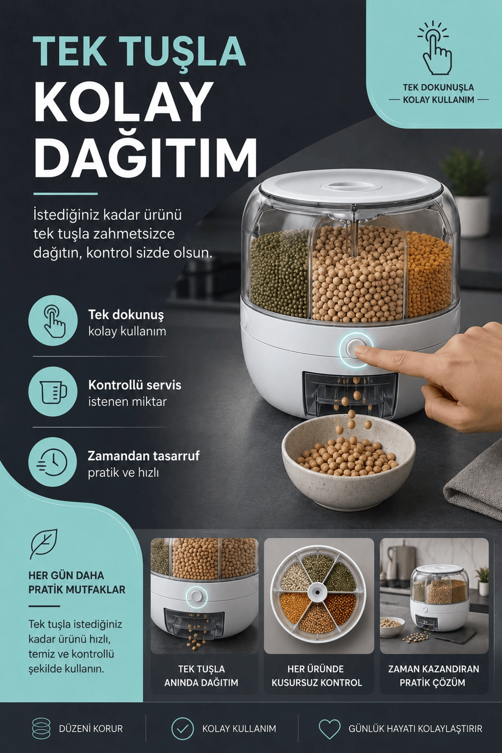 Mutfak Düzenleyici 6 Bölmeli Döner Bakliyat Kutusu Şeffaf Kapaklı Pratik Kullanım