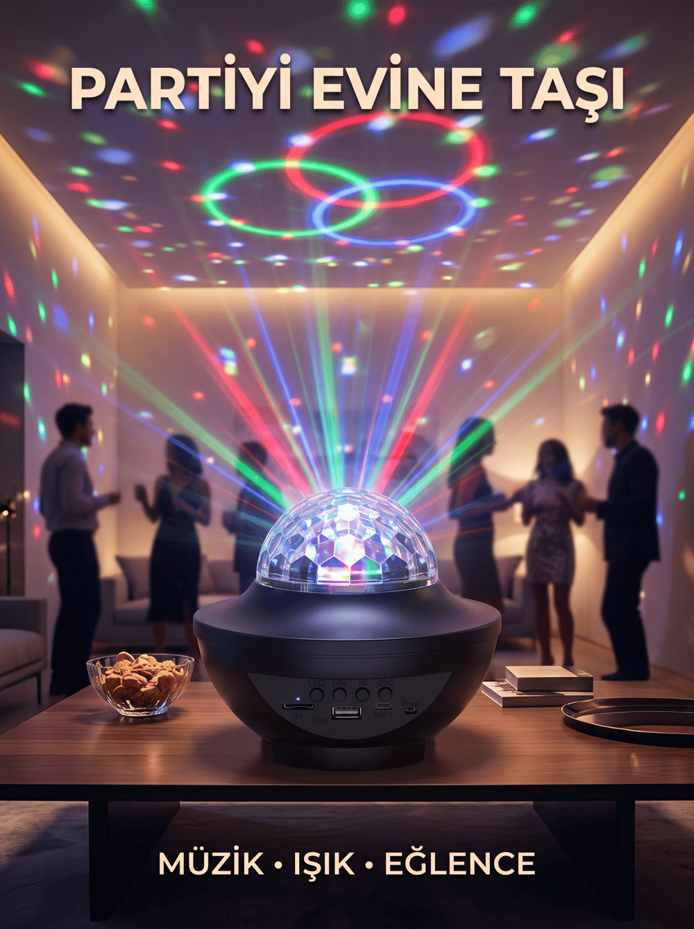 Müzikli RGB Disko Lambası Bluetooth Hoparlörlü Renkli Parti Işığı USB TF Kart Girişli