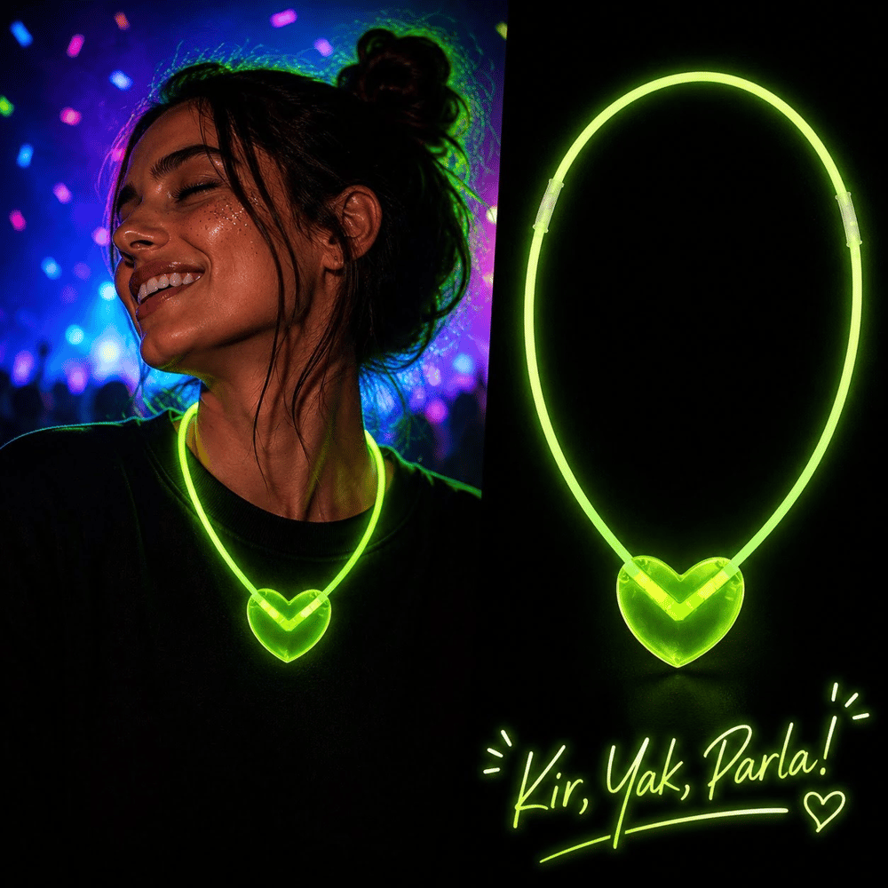 Neon Işıklı Fosforlu Kalp Parti Kolyesi Yeşil Renk