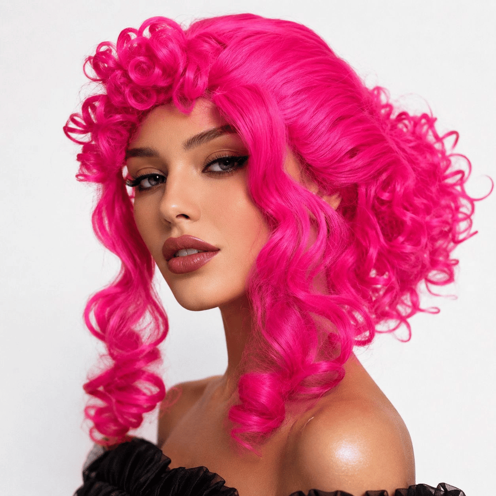 Neon Pembe Bukleli Kıvırcık Cosplay Peruğu - İçi Astarlı