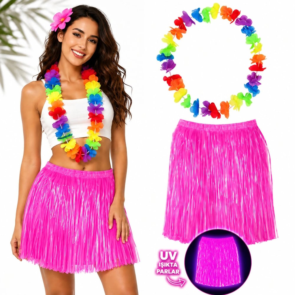 Neon Pembe Hawaii Etek 40 cm ve Rengarenk Hawaii Kolye