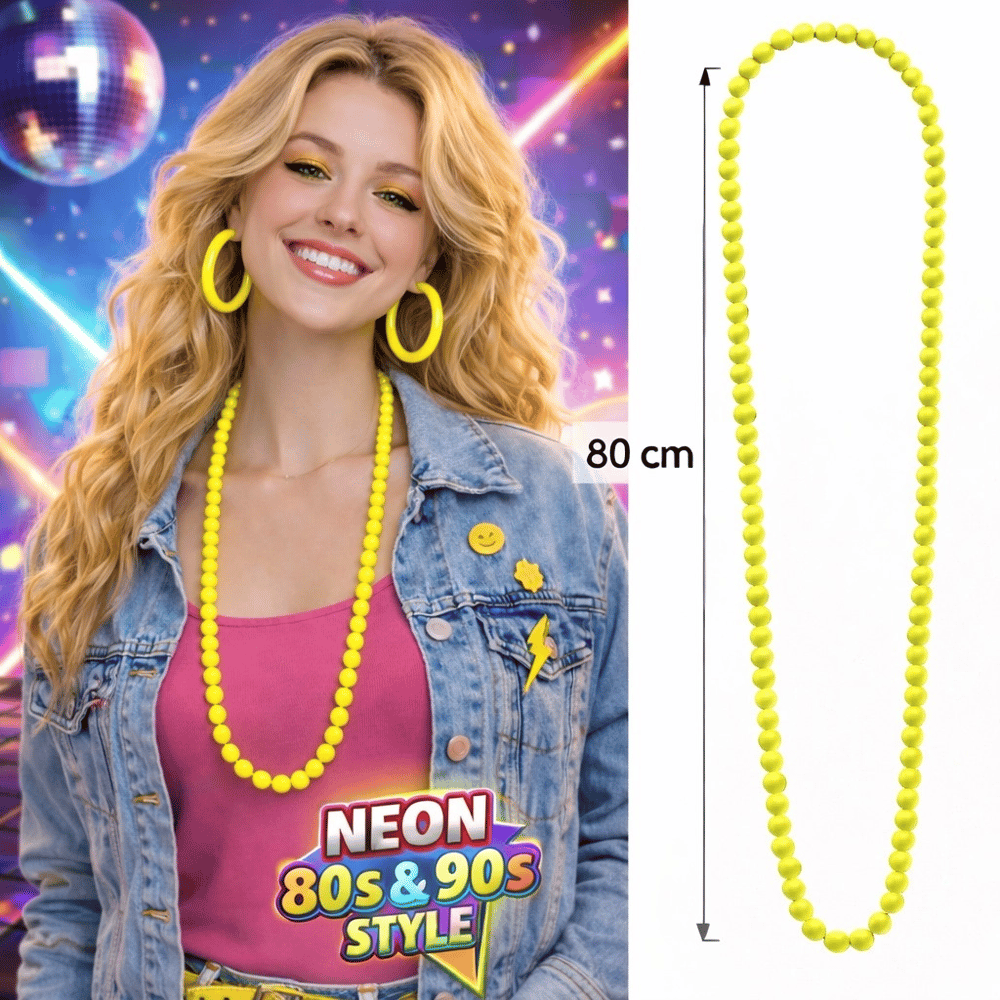 Neon Sarı Boncuk Kolye 80 Cm – Retro 80’ler 90’lar Parti Aksesuarı Bx40