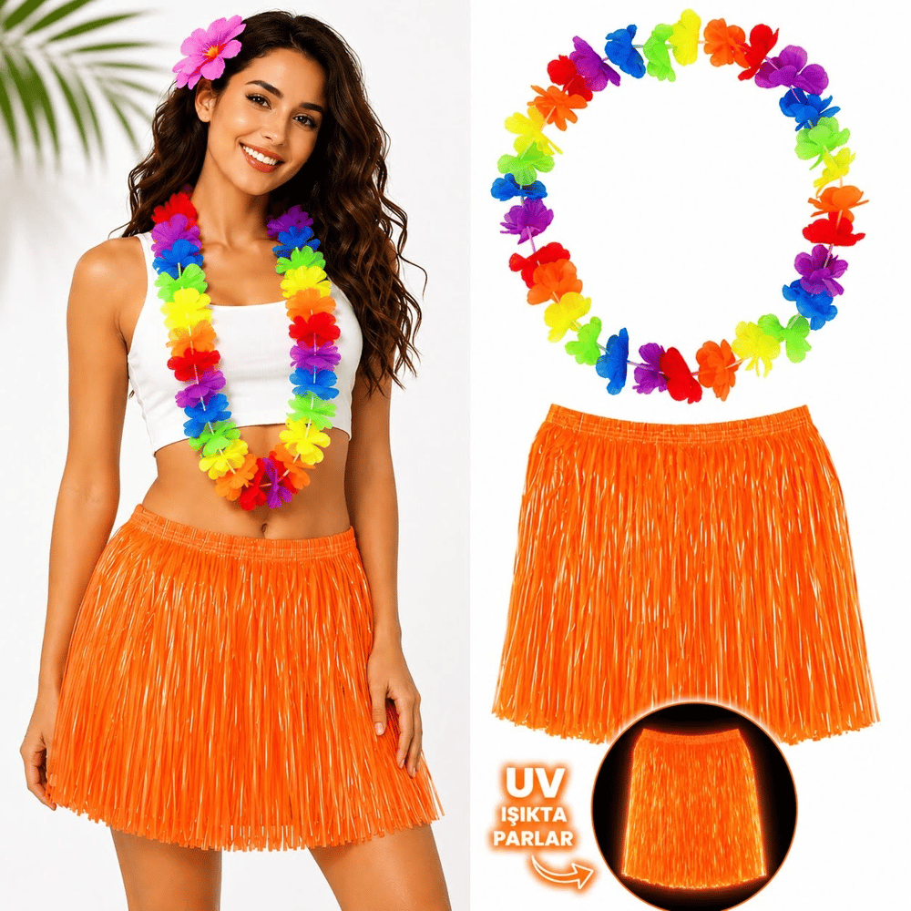 Neon Turuncu Hawaii Etek 40 cm ve Rengarenk Hawaii Kolye