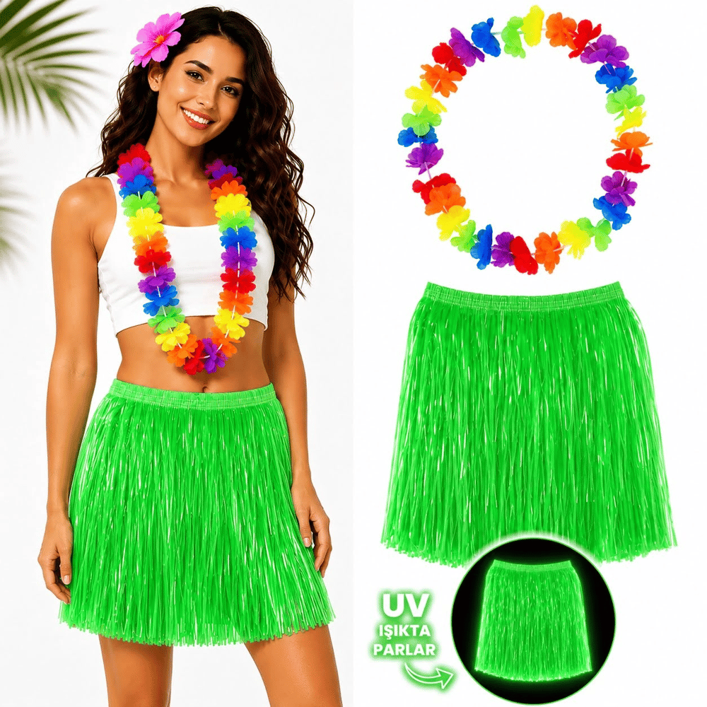 Neon Yeşil Hawaii Etek 40 cm ve Rengarenk Hawaii Kolye