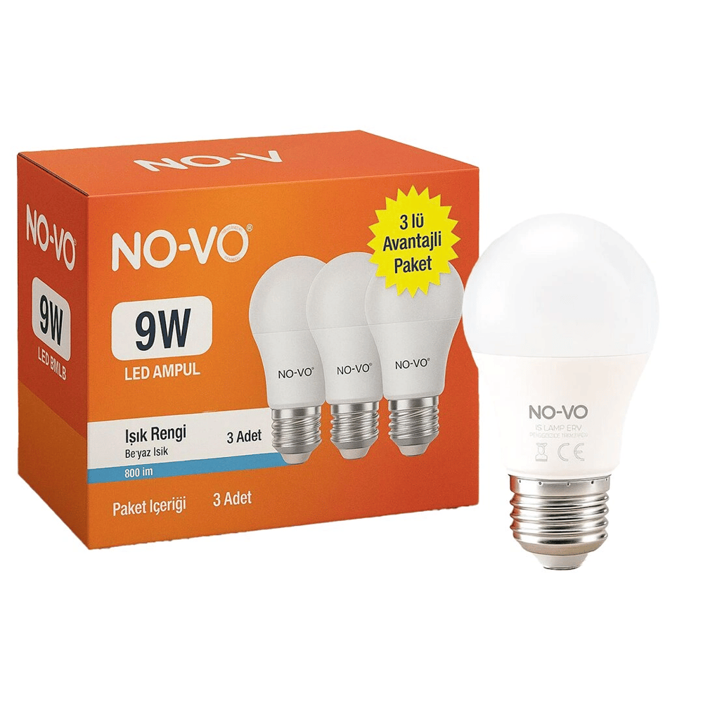 No-vo 3lü Avantaj Paket 9w Beyaz Led Ampul E27 806lm 6500k 15.000 Saat Ömür Bx40