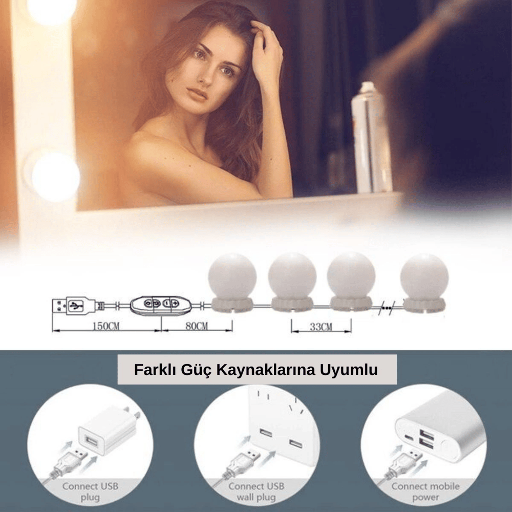 Nostalji Hollywood Tarzı 10'lu Makyaj Masası Aynası Beyaz Led Işıklı Lamba Usb Bx40