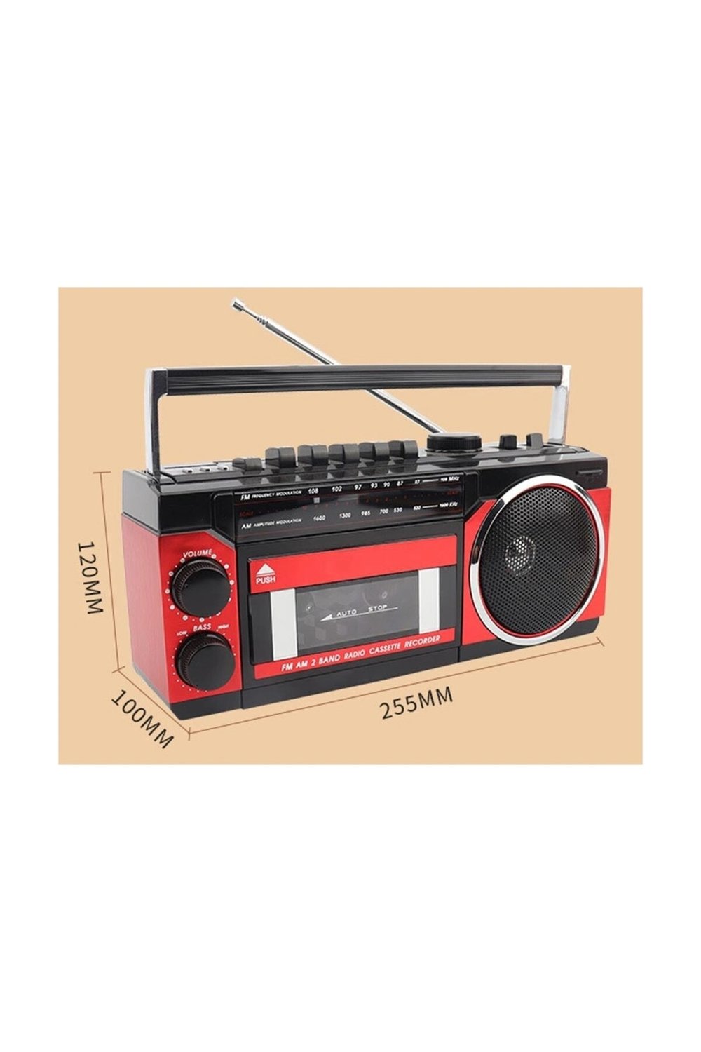 Nostaljik radyo kırmızı renk bluetooth özellikli fm radyo usb mp3 player kaset çalar
