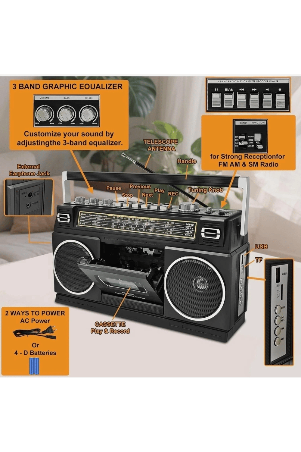Nostaljik radyo siyah renk bluetooth FM radyo USB MP3 çalar kaset çalar hoparlör