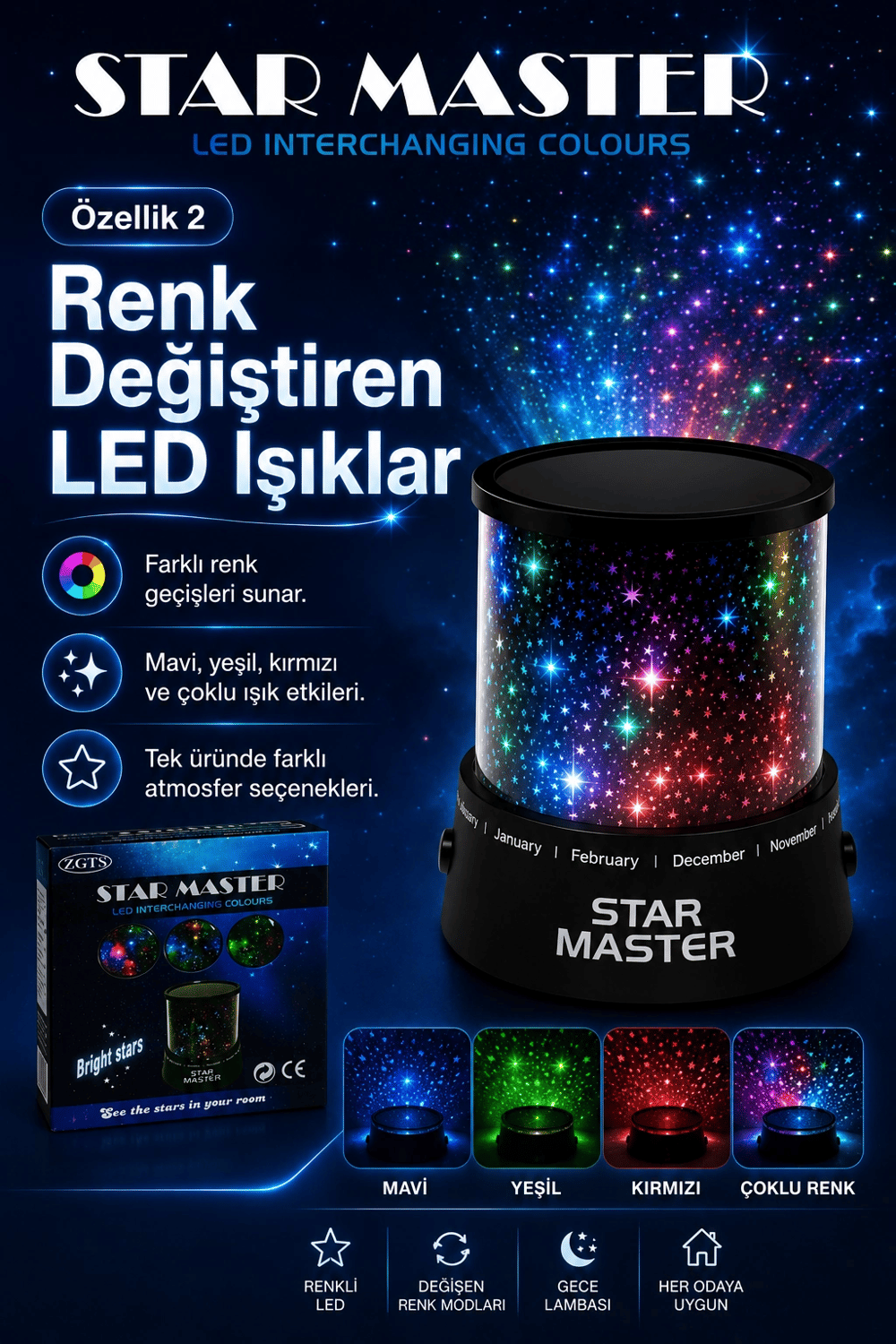 Oda İçin Yıldız Efektli LED Gece Lambası Renkli Işık Yansıtan Dekoratif Projektör