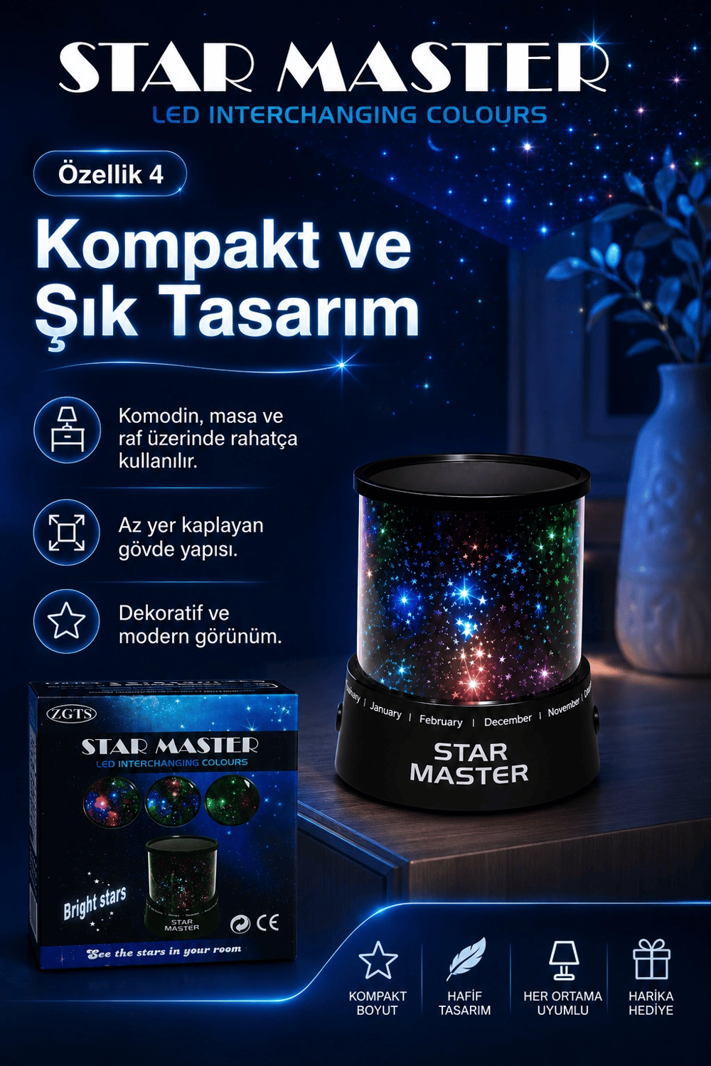 Oda İçin Yıldız Efektli LED Gece Lambası Renkli Işık Yansıtan Dekoratif Projektör