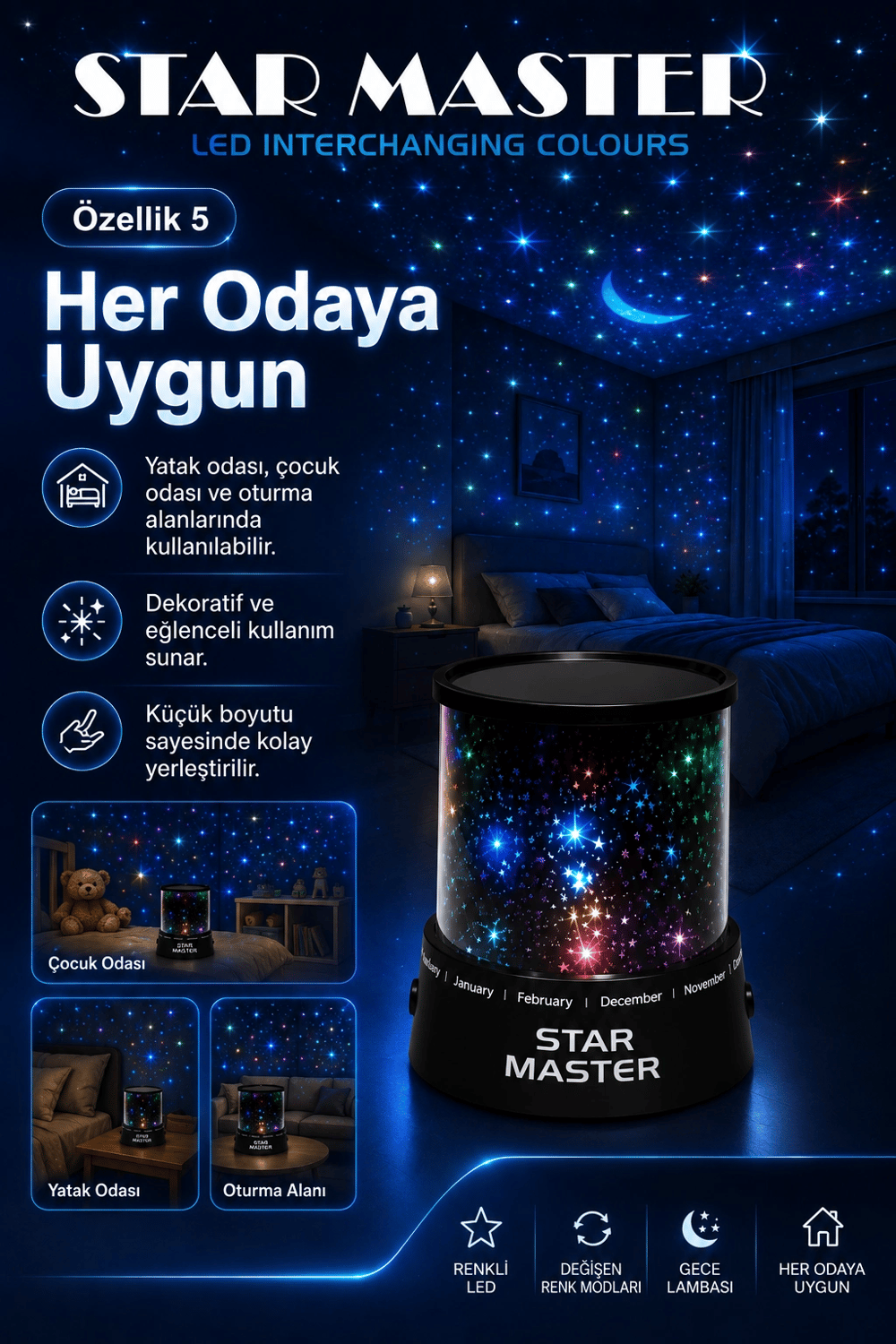 Oda İçin Yıldız Efektli LED Gece Lambası Renkli Işık Yansıtan Dekoratif Projektör