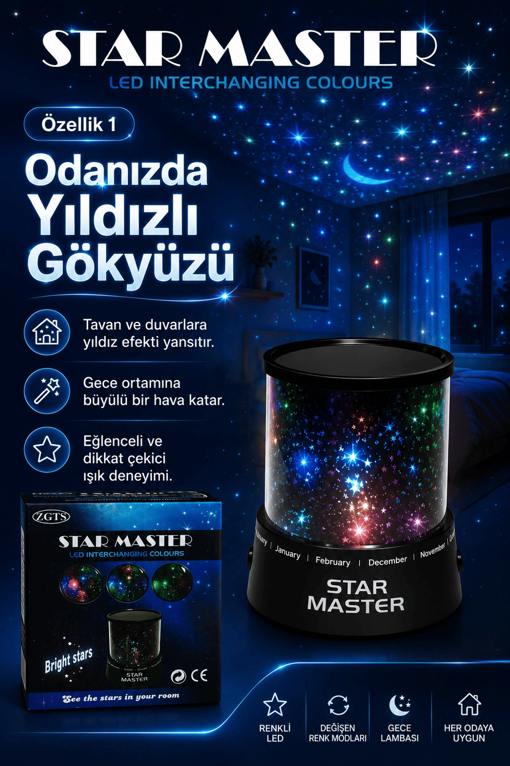 Oda İçin Yıldız Efektli LED Gece Lambası Renkli Işık Yansıtan Dekoratif Projektör