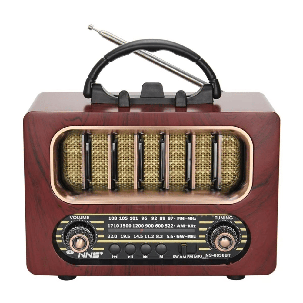 Orta Boy Retro Ahşap Tasarım Bluetooth Hoparlörlü Radyo – FM/AM Destekli, Şarjlı ve Taşınabiliri Radyo NS-6636