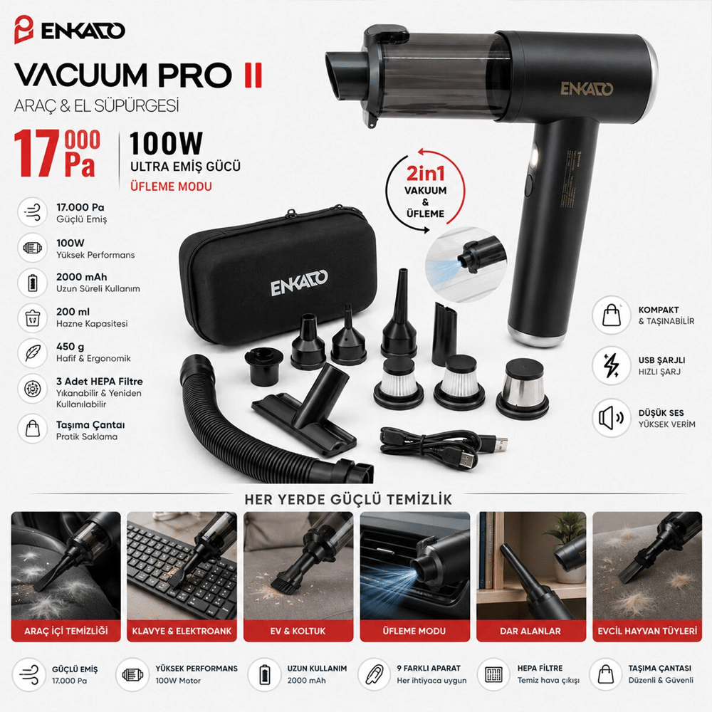 Oto Araç - 2ın1 Şarjlı 100w - 17000pa 9 Başlık - 3 Filtre El Tipi Basınçlı Hava Üfleme - Araç Süpürge Makinesi Taşıma Çantalı Ekd-sp10 Bx40