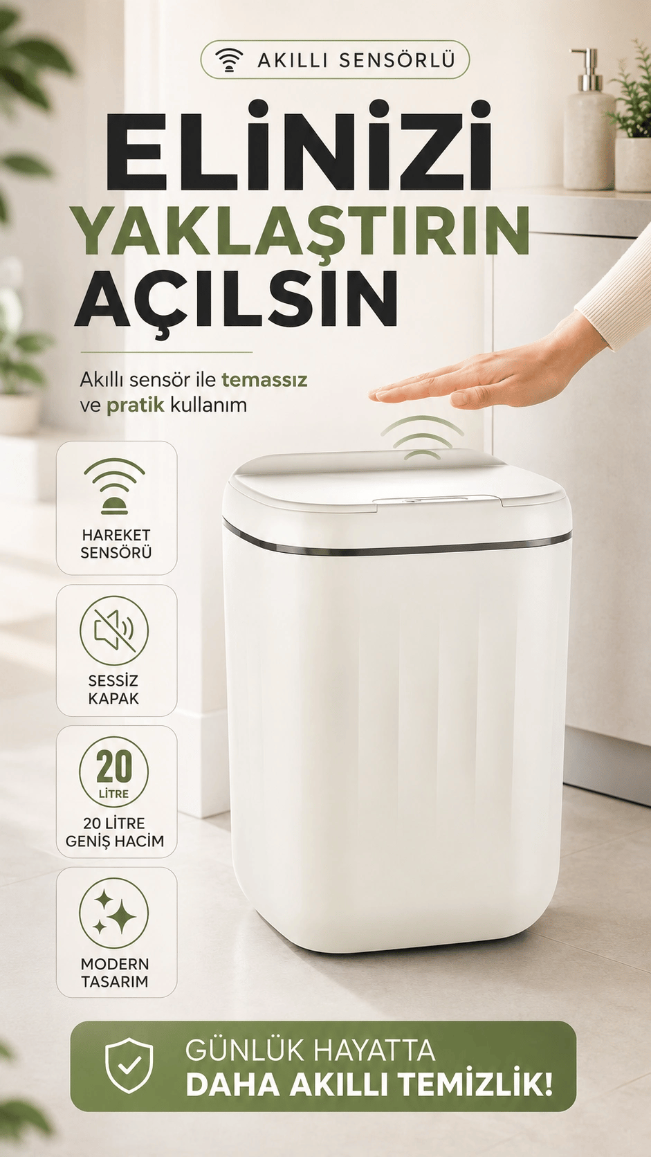 Otomatik Açılıp Kapanan Kapak Sensörlü Çöp Kutusu 20 Litre İç Hacim Geniş Büyük Boy