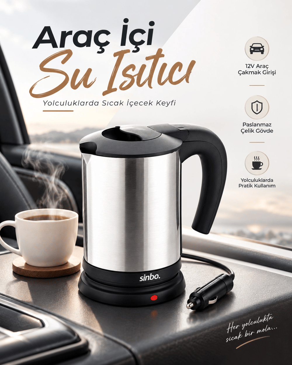 Otomobil İçin 12V Çakmak Soketli Paslanmaz Çelik Taşınabilir Su Isıtıcı Seyahat Kettle
