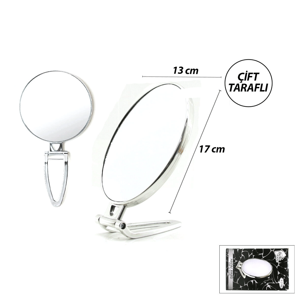 Oval - Gümüş 6.5 Inc=16.5x13cm Makyaj Aynası Çift Taraflı Katlanır Ayaklı Bx40