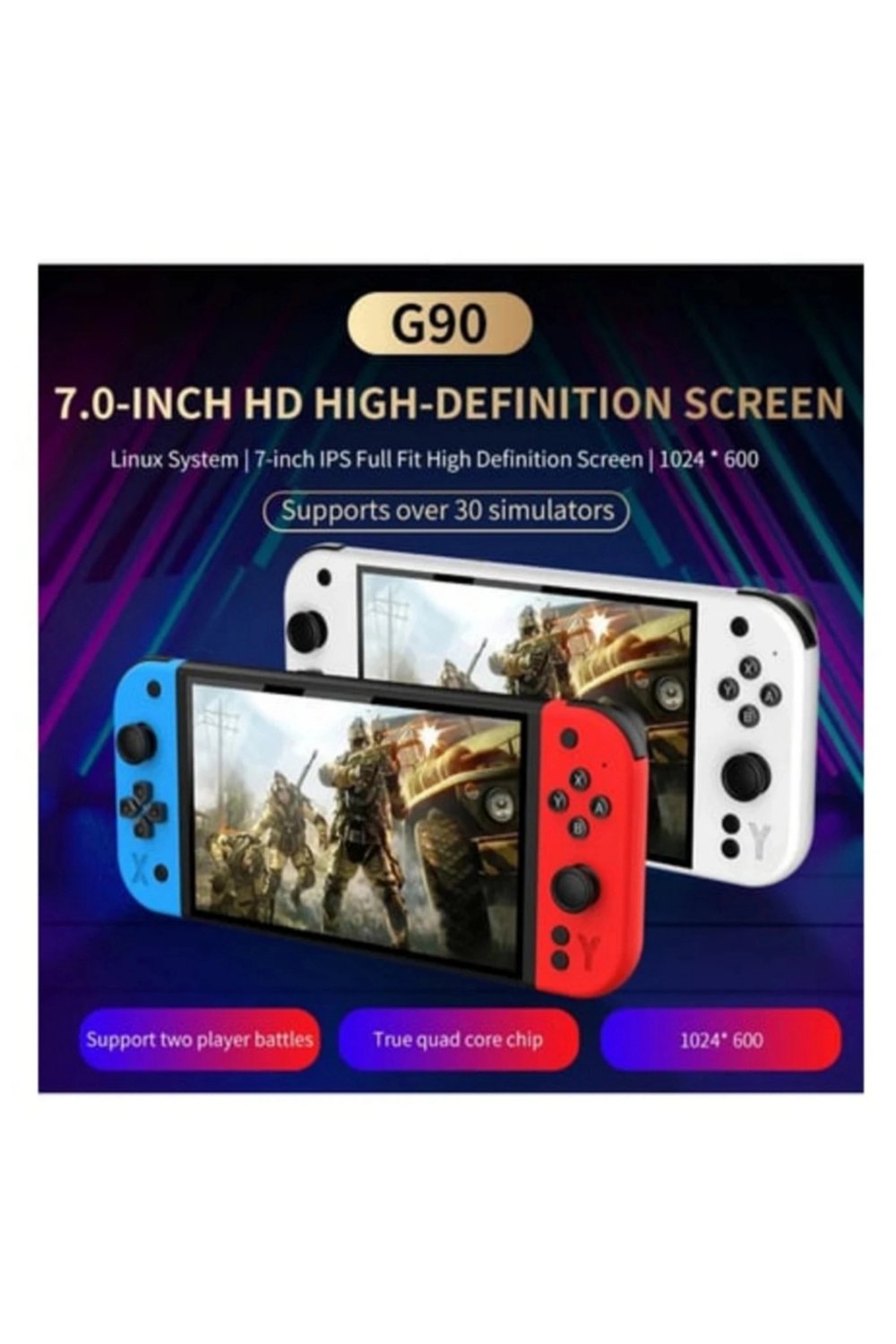 Oyun konsolu 7 inç HD ekran 2000 mAh batarya 10000+ oyun çok renkli bluetooth yok